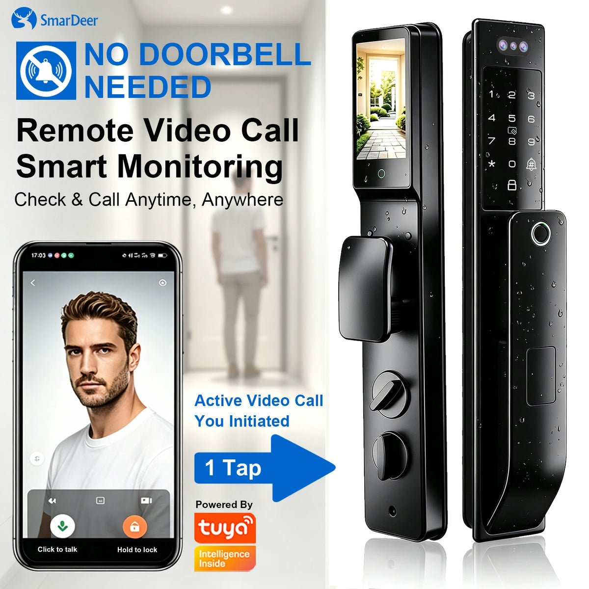 3D Face & Palm Vein Smart Door Lock, IP66 Waterproof Dual Biometric Lock, Fits Euro 6068/6085/5572 & Israel 6590 Lock Bodies
