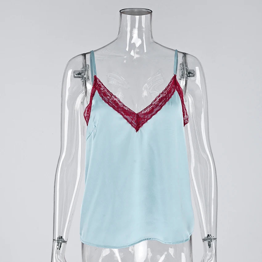 Linad Sexy Lace Backless Camisole Women Summer Casual Spaghetti Strap Tops Female 2025 Fashion Patchwork Crop Top Silk Vest