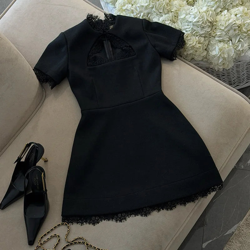 Talenza Luxury Black Evening Dress Fashion Lace Patchwork Slim High-Waisted Hollow Out Dress Elegant Summer Women's Party Dress