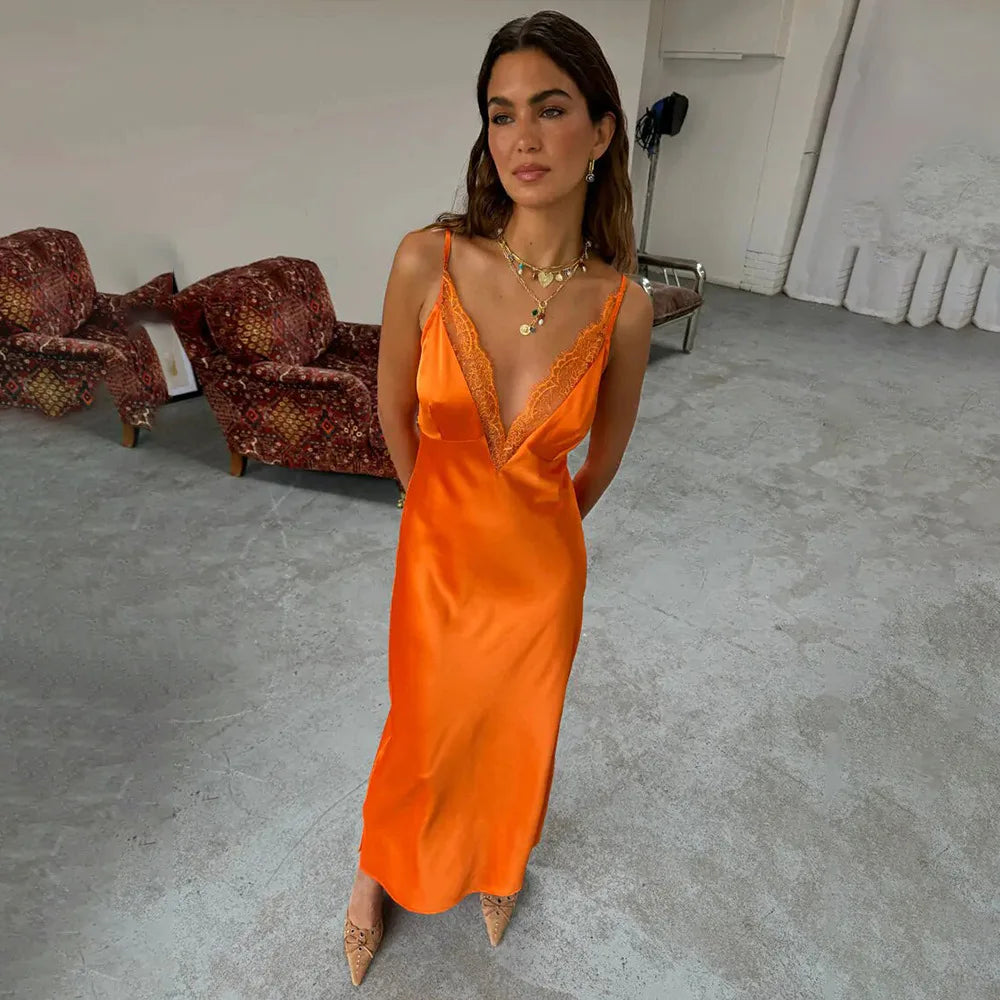 Butter Yellow Satin Bias Cut Lace Patchwork Midi Dress Women's V Neck Backless Suspenders Dresses 2026 New Dinner Party Vestidos