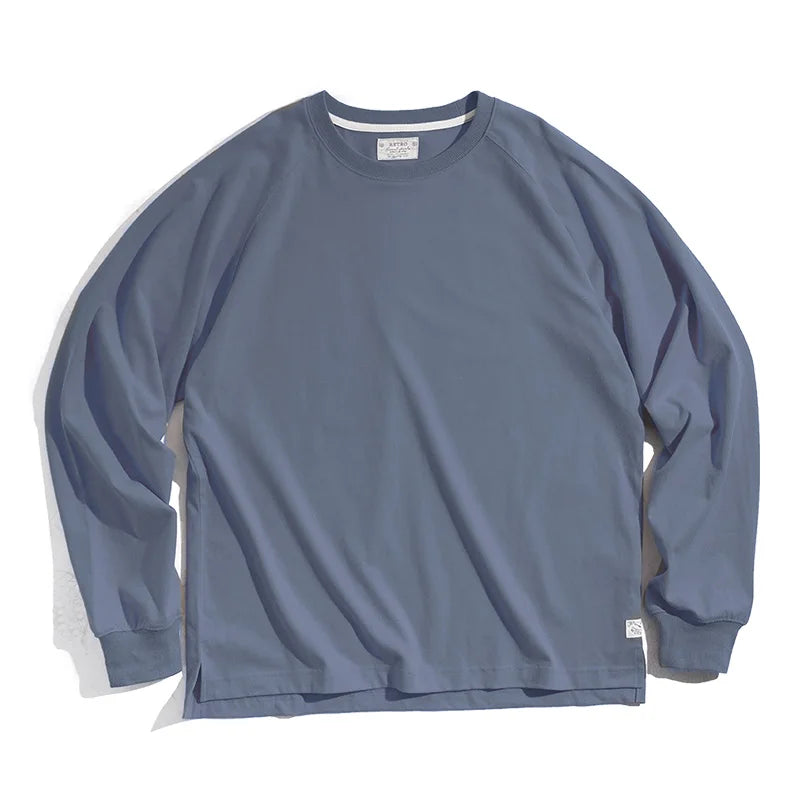 Maden 100% Cotton Loose Crew Neck Long Sleeve T-shirts Men's  230g Thin Breathable Tee Shirt Basic Solid Color Oversized Tops