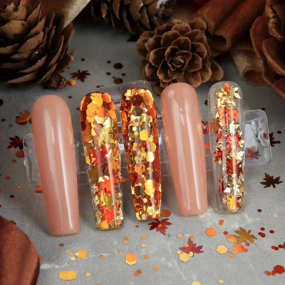 6 Grids Autumn Nail Glitter Flakes Golden Red Orange Leaf Sequins for Nail Art DIY Decorations Fall Acrylic Tips Decals Supplies