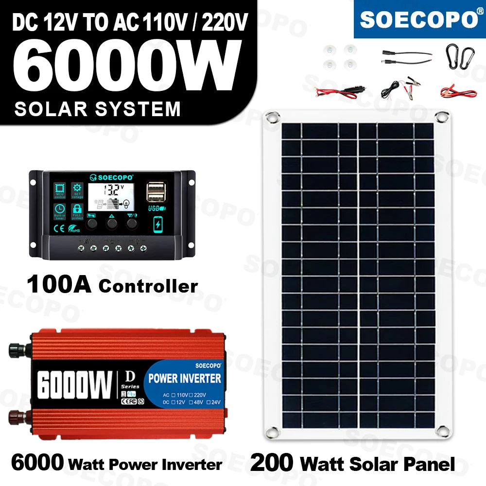 6000W Inverter & Solar System Complete Kit 12V To 110V/220V 100A Controller 300W Panel Off-Grid System for Home/Camping Backup