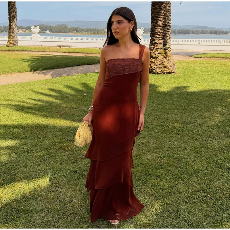 Elegant Patchwork Women's Dress Sleeveless Cascading Ruffle Skew-Collar Lady Long Dresses 2026 Summer Chic Female Vacation Robe