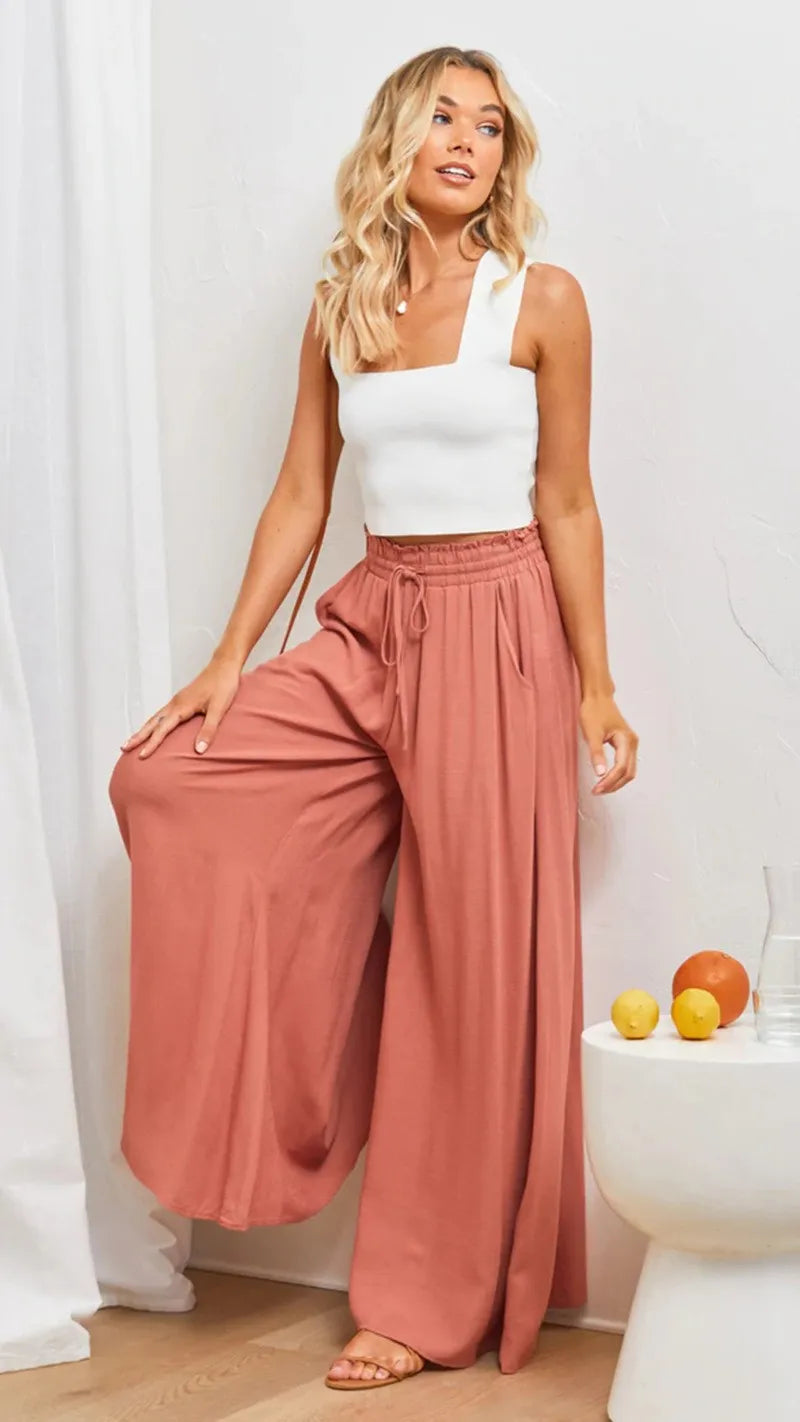 Women's Elastic Long Palazzo Pants Casual Urban Style Tie Detail Polyester Blend Woman Clothes Female Clothing Women's And