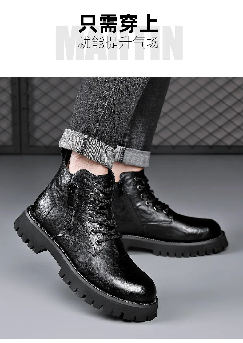 2025 autumn and winter boots men's British style versatile high top leather shoes workwear snow leather boots men's short boots