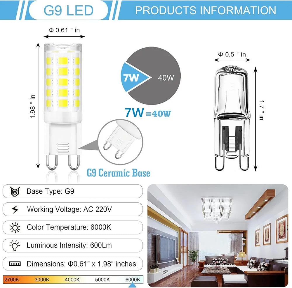 10Pcs G9 LED Lamp Brightest AC220V 230V 240V 7W Ceramic SMD 2835 LED Bulb Warm/Cool White Spotlight Replace Halogen LED Lighting