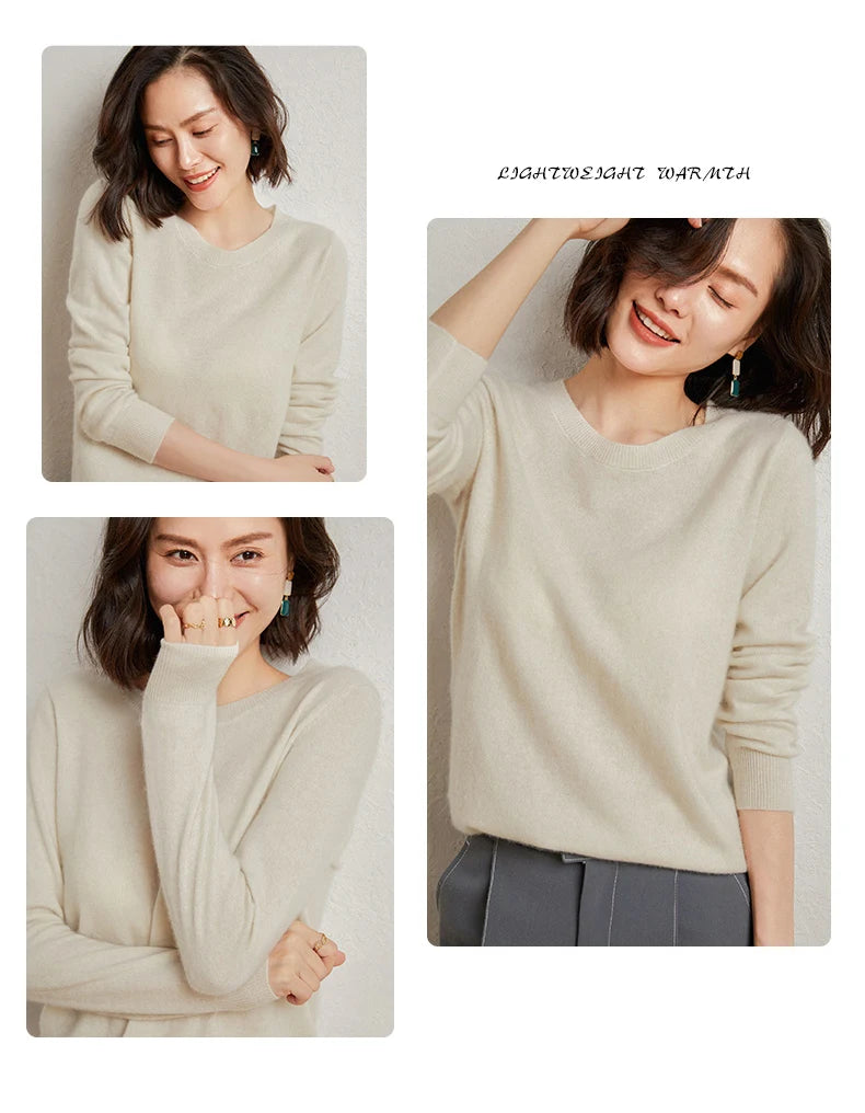 100%Merino Pure Wool Pullover Sweater For AutumnWinter Women's Round Neck Warm High-Quality Solid Color Basic Knitted Jumper Top