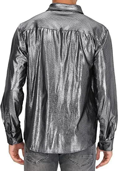 Metallic Shiny Polyester Dress Shirts for Men Black Solid Gold Red Silver Long Sleeve Turn Down Collar Prom Disco Men's Shirt