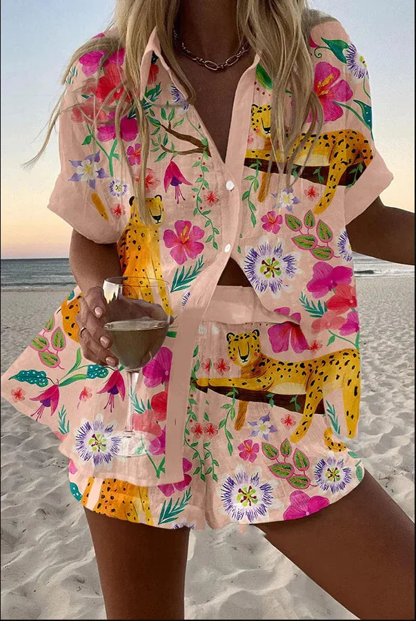 Fashion Print Beach Holiday 2 Piece Set Women Summer Short Sleeve Shirt Top Wide Legs Shorts Women's Oversize Two Piece Outfit