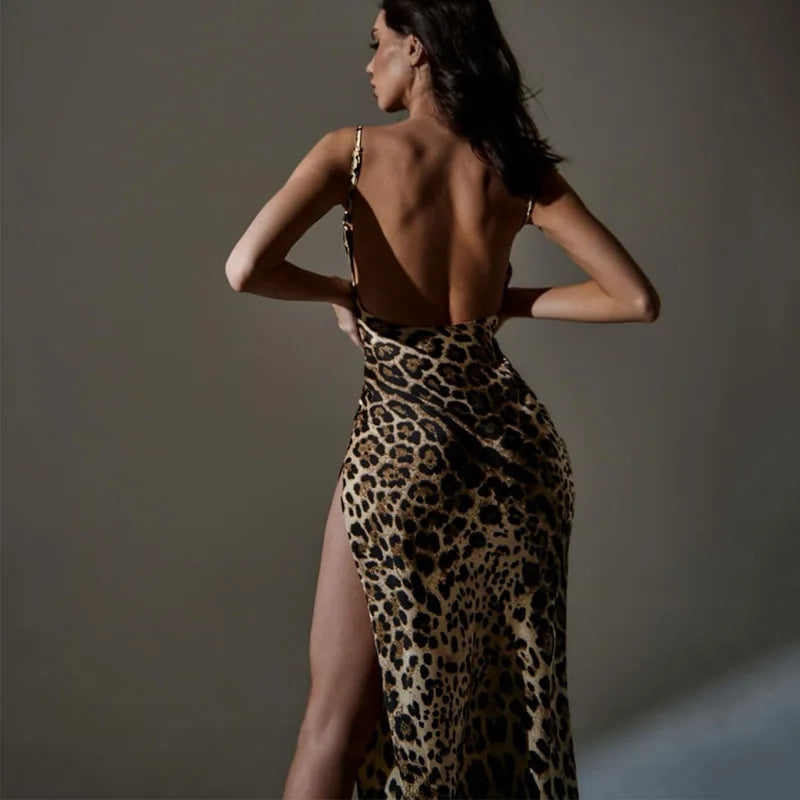 Sexy Leopard Print Dress Women's Fashion Strap Side Slit Backless Bodycon Clubwear Dress Lady Chic Party Night Club Vestido