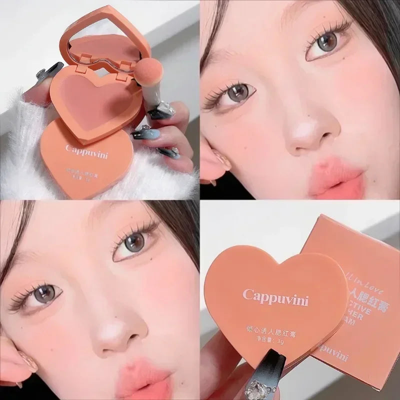 Love Air Cushion Powder Blusher with Mirror Red Rouge Matte Whitening Waterproof Makeup Cheek Tint Contour Peach Blush Cream