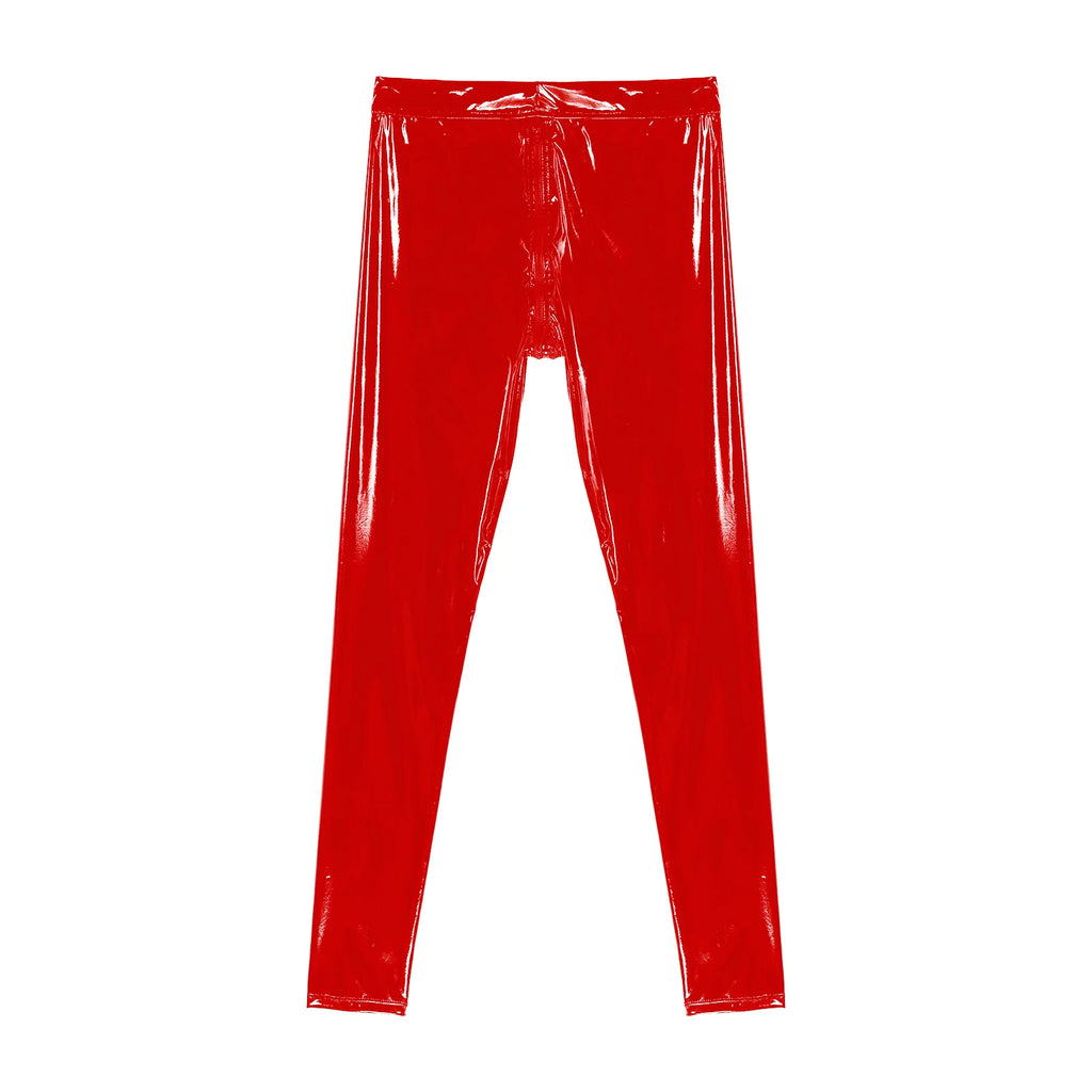Men Latex Leather Pants Low Waist Faux Leather Shiny Pants Fashion Tight Trousers for Club Stage Show Rock Band Performance