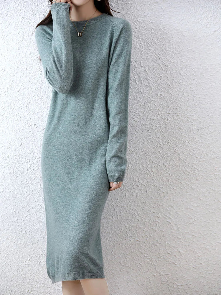 Cashmere Sweater Knitted Dresses 100% Merino Wool Women's Winter Female Elegant Pullovers Dress Autumn Casual Long Sleeve Skirts