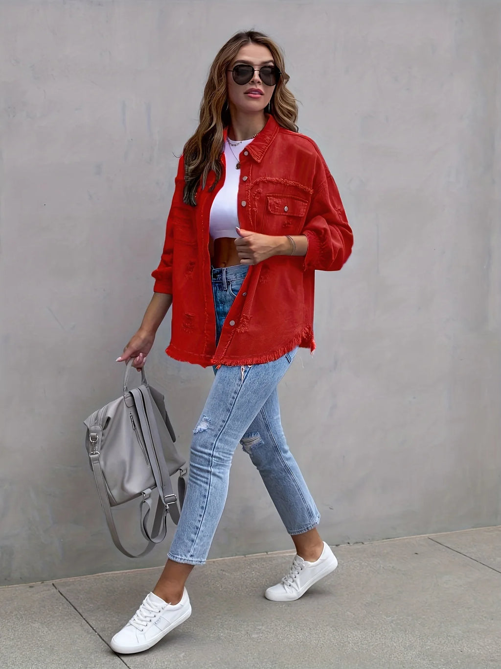 Women's Fashionable Solid Color Mid-Length Ripped Denim Jacket Long-Sleeved Spring Autumn Trend
