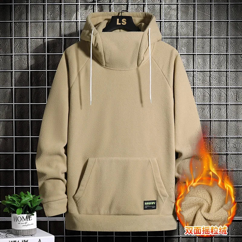 Men's Polar Fleece Sweatshirt Solid Color Street Style Autumn Winter Men Hood Sports Windproof Oversized High Collar Hoodie 5XL