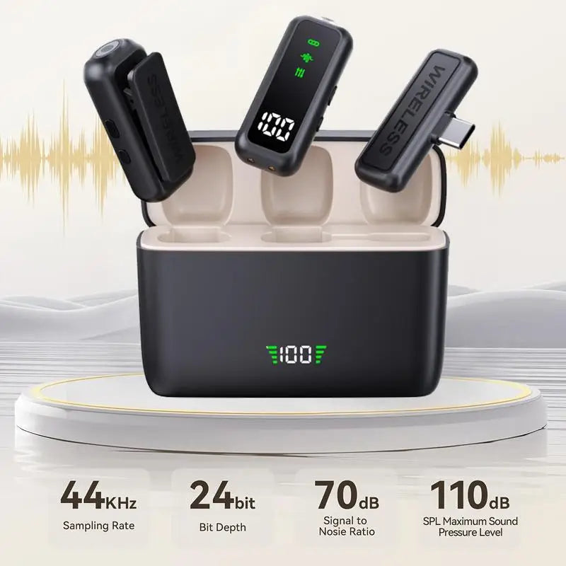 Plug‑and‑Play Wireless Lavalier Lapel Microphone, LED Battery Display with Portable Charging Case, DSP Noise Reduction, 36‑Hour Battery, 135‑Foot Working Distance, Compatible with iPhone, iPad, Android for Vlog and Li