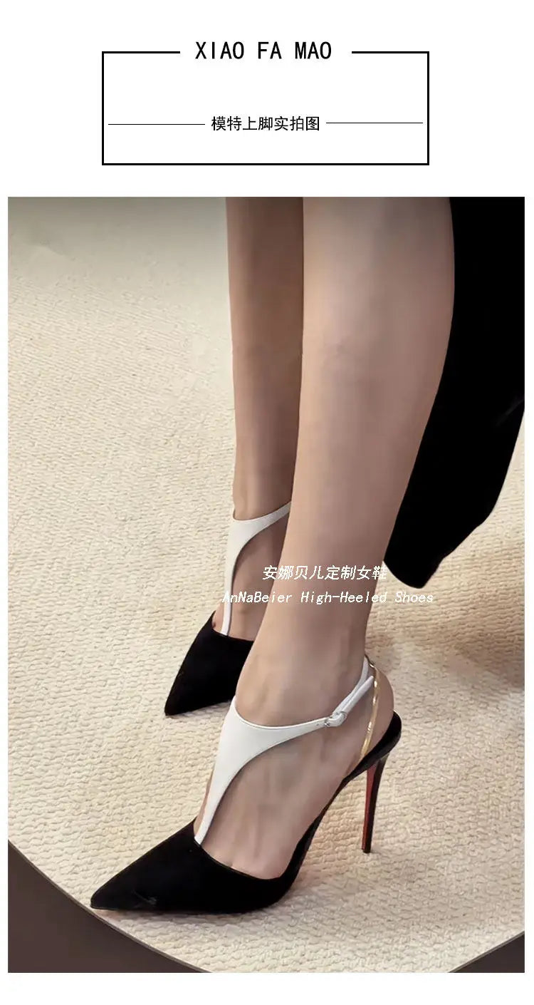 T-Shaped Socialite Black Gold Color Blocked Sexy Toe Sandals with Thin Heels and Pointed Toes, Autumn and Winter New High Heels