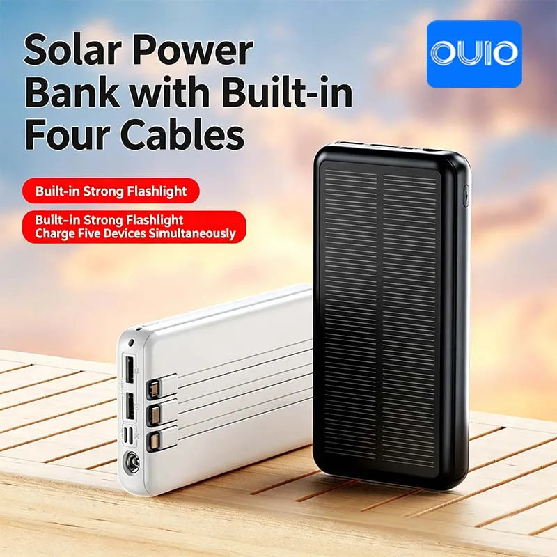 30000mAh Solar Power Bank Super Fast Charging Compact Portable Built-in 4 Cable High Capacity External Battery with Led Light