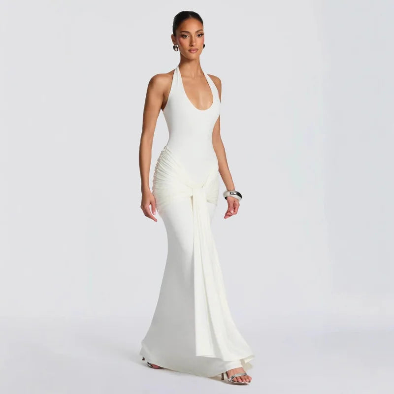 Summer Elegant Evening Dress Women Halter Neck Sleeveless Draped Mermaid Prom Gown Civil Wedding Engagement Party Dress