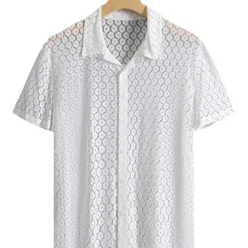 Men's short sleeve lace shirt, sheer mesh, button-down shirt, vintage streetwear, party wear, sexy, new, summer, 2024