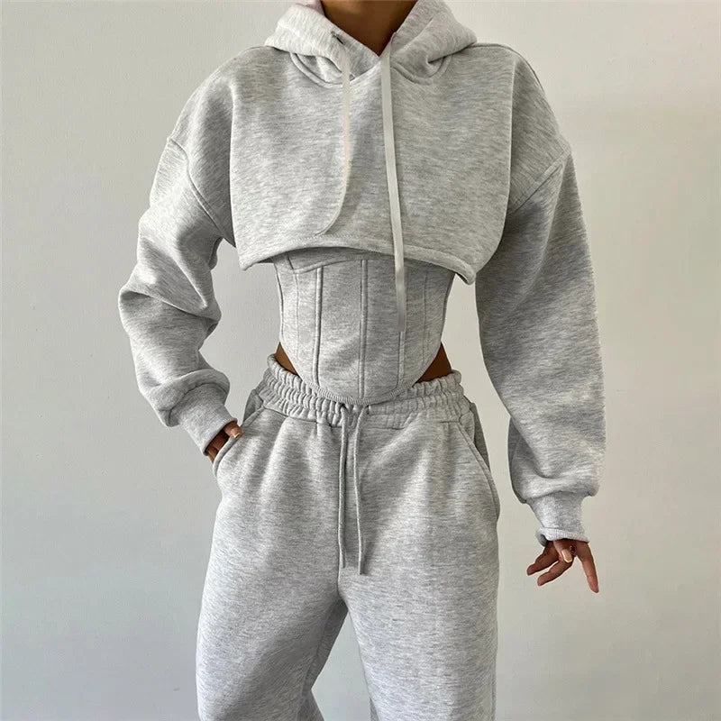 New Lace Up Pants Sets Women Slim Solid Splice Tank Tops Woman Long Sleeve Short Hoodies And Pant Suits Women Outfits Winter