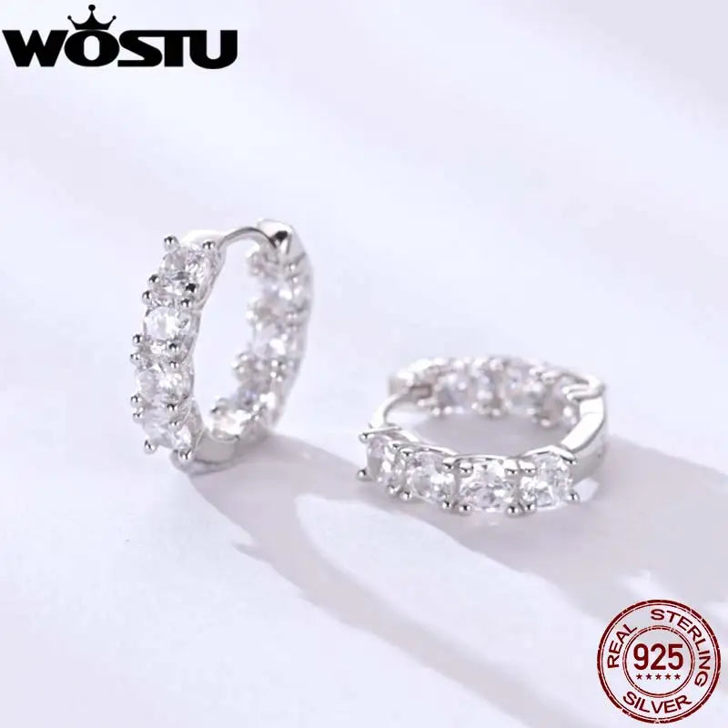 WOSTU Real 925 Sterling Silver Full of Zircon Circel Hoop Earrings For Women S925 Wedding Round Crystal Pendientes Jewelry Gift