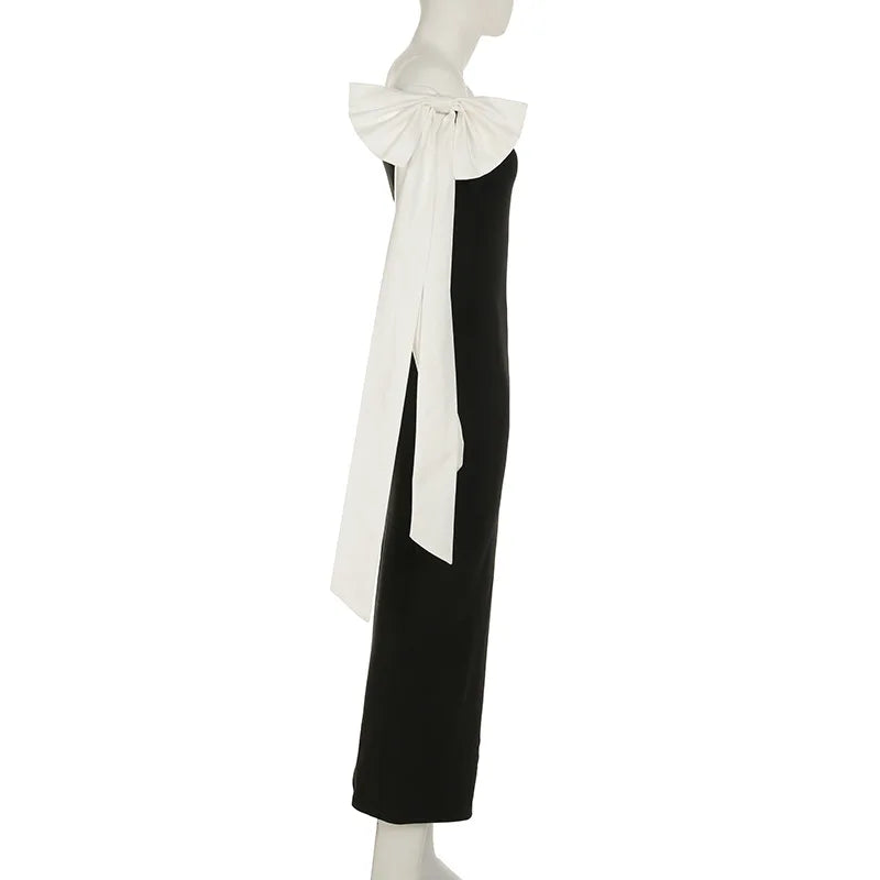 Hmsevenjz Black and White Bow Off Shoulder Long Dress for Women's Summer Sexy Slim Fit Short-sleeved Elegant Dress