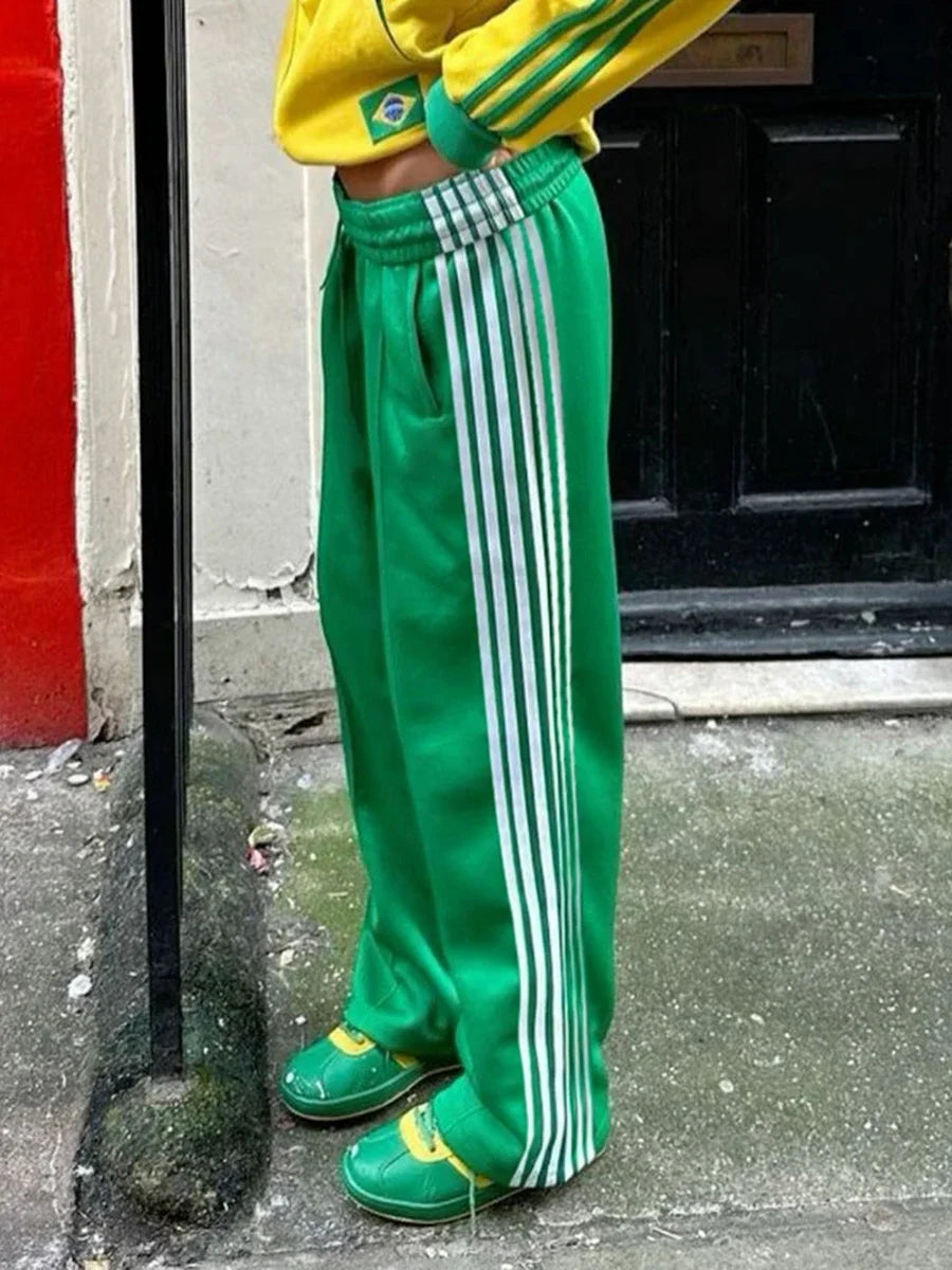 Women's Striped Pants Loose Elastic Waist Drawstring Straight Leg Casual Sweatpants with Pockets y2k Low Rise Baggy Trousers