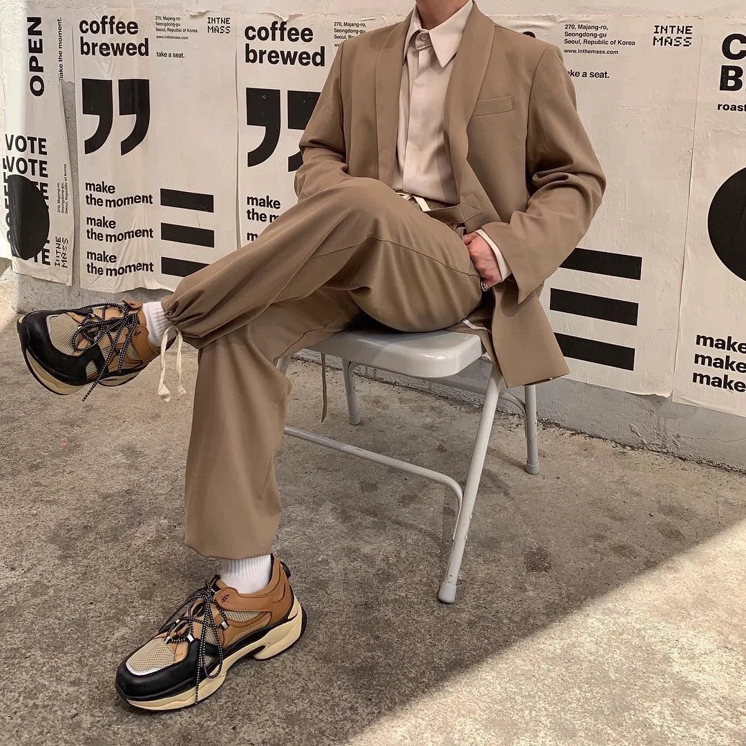 Spring Autumn Men's Loose Half Sleeved Suits Blazer Pants  2 Pieces Solid Clor Fashion Half Waistband Casual Blazer Suit Sets