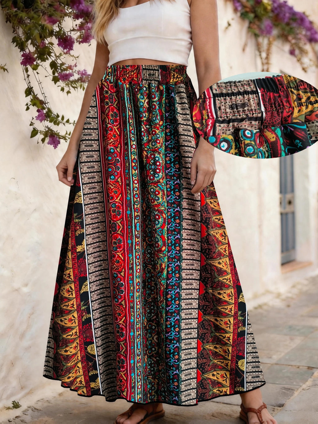 Ethnic Style Print Vacation A-Line Bohemian Long Beach Skirt