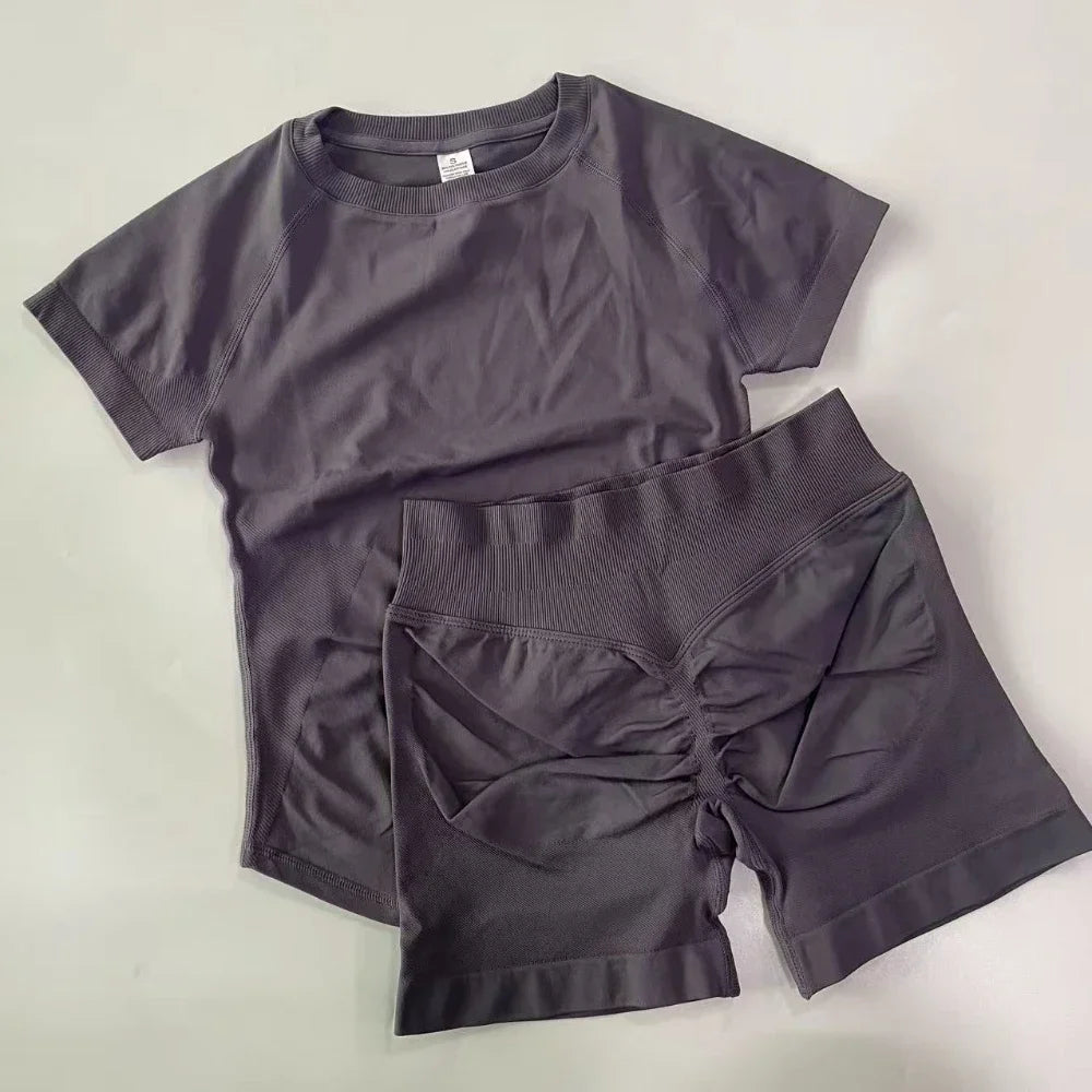 2 Piece Gym Set Women Outfit Longline Short Sleeve Gym Crop Top High Waist Workout Shorts Sports Suit Fitness Clothes Yoga Set