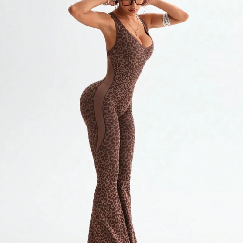 Women Leopard Print Cross Back Flared Jumpsuit Seamless Butt Lifting Yoga Bodysuit High Elastic Workout Fitness Sports Jumpsuit