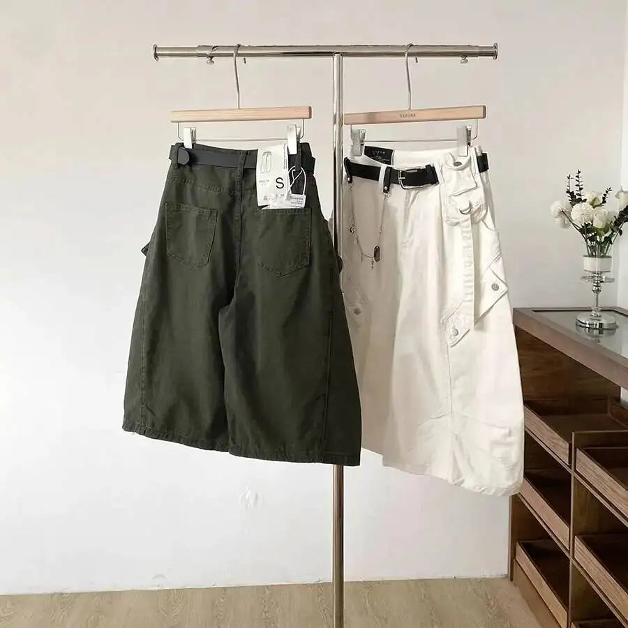Women Denim Shorts 2026 New Summer Women's High Waist Slim Denim Cargo Pants Wide Leg Capri Pants Versatile Trousers
