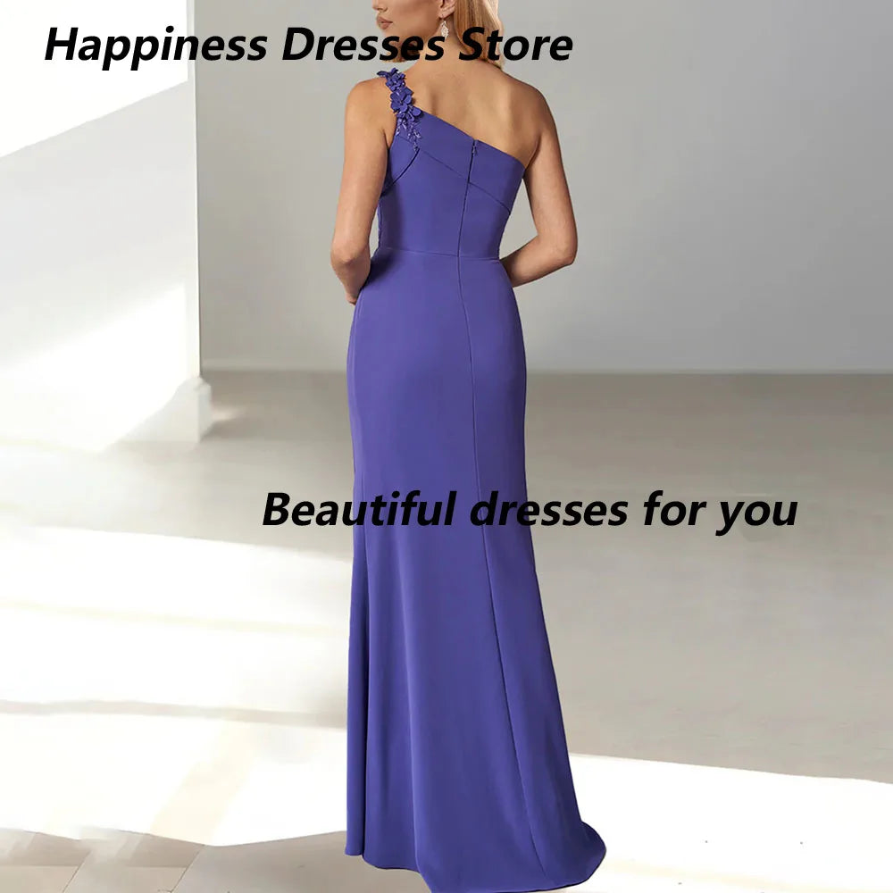 Customized Jersey Applique One-shoulder Evening Dresses Flower Pattern Ankle-length Side Split Pleated Open Back Prom Gown