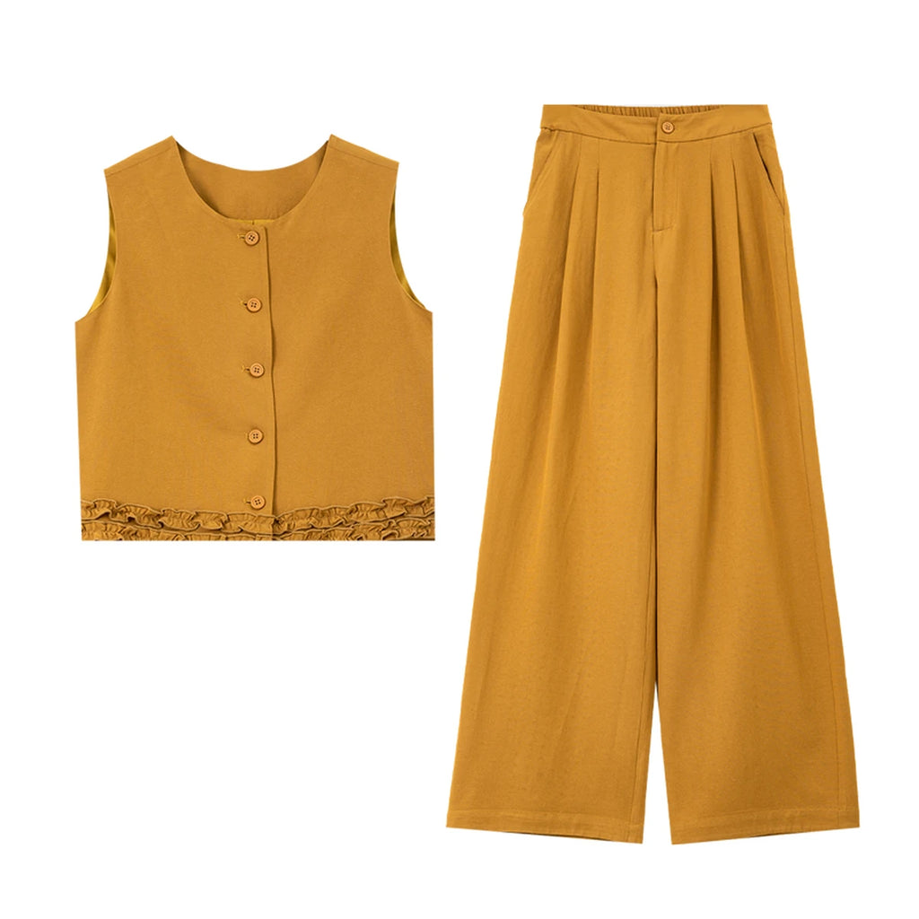 VIMLY Office Two-Piece Set Women 2026 Summer New Fashion Ruffle Hem Cropped Sleeveless Vest Wide Leg Pants Casual Outfit A6153