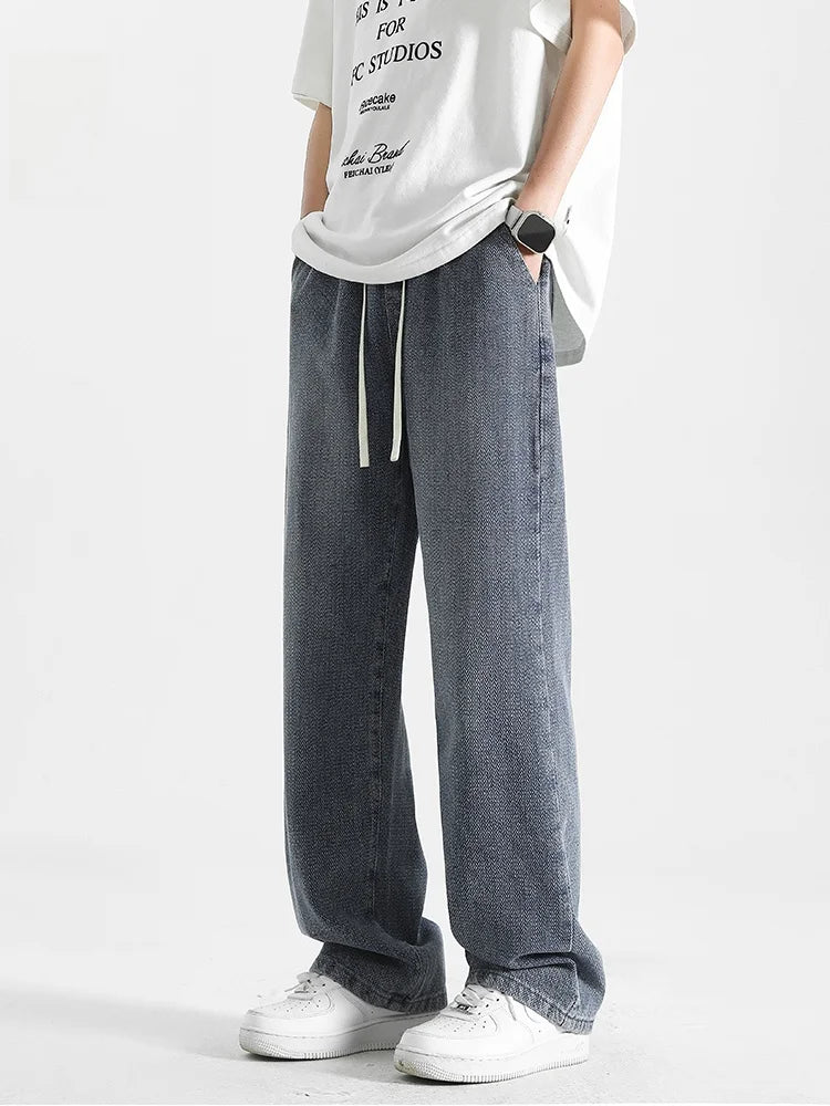 American Retro Dstring Jeans Loose Straight Casual Pants High Street Vibe Wide Leg Summer New Sle for Men Youth Faion