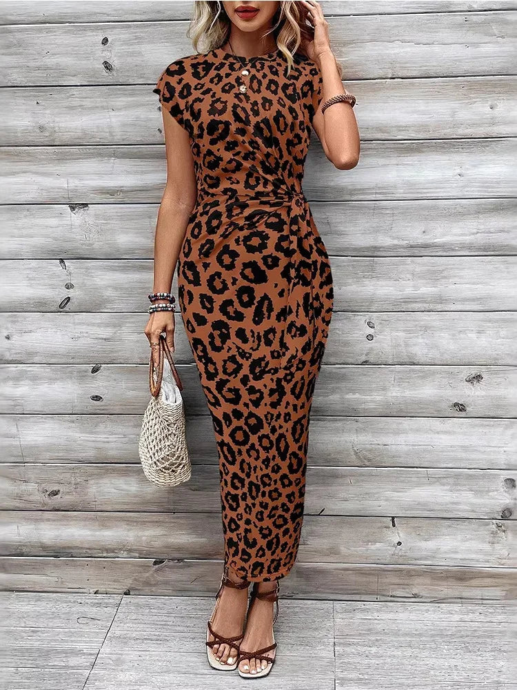 Summer New Leopard Print Short Sleeve Dress Waist-Cinching Commute round Neck Slim Fit Women's Fashion Dress