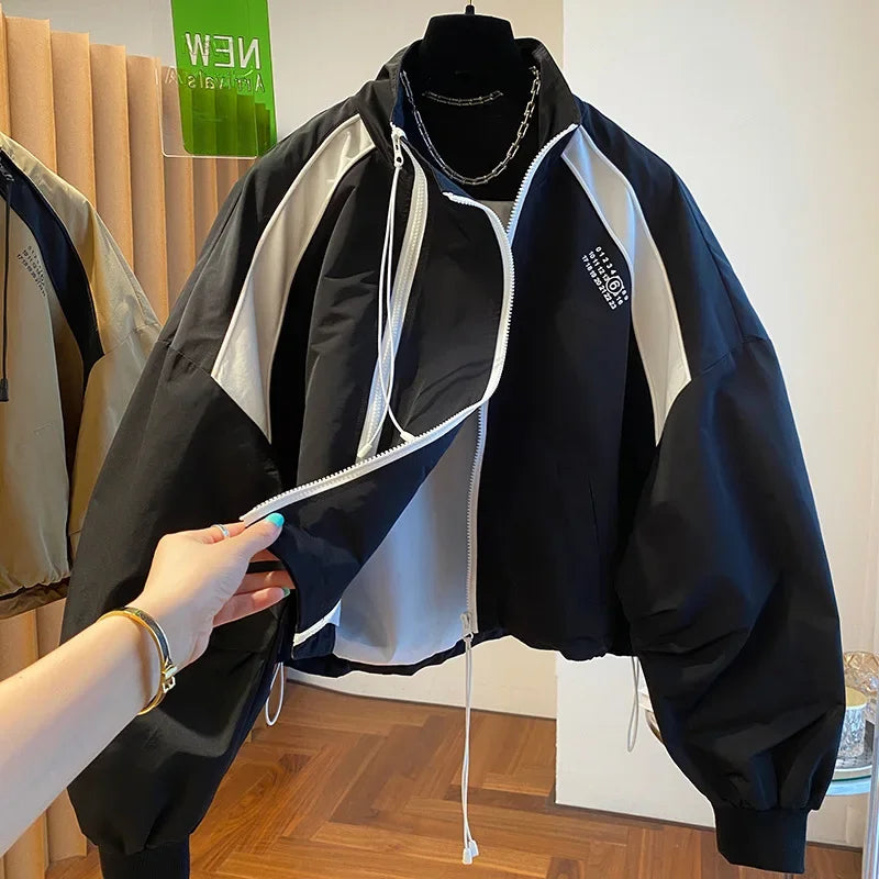 Retro Street INS Style Double Zipper Women's Stand Up Collar Jacket Spring and Autumn Casual Loose Y2k Long Sleeve Top Coat