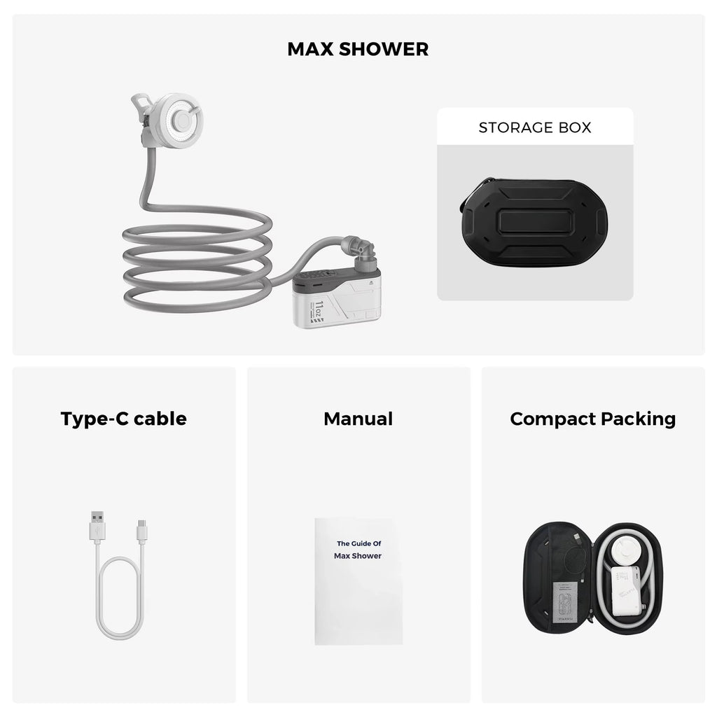 MAX Shower Ultra Light Rechargeable Outdoor Shower Pump, Portable Camping Travel Shower with USB-C Pump for Hiking