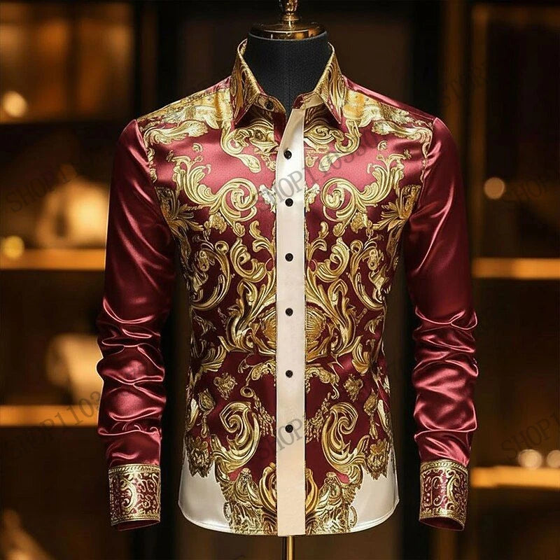 New Men's Leopard Floral Full Sleeve Shirt Golden Ethnic 3 D Print Shirt Men/Women Fashion Luxury Shirts European American Style