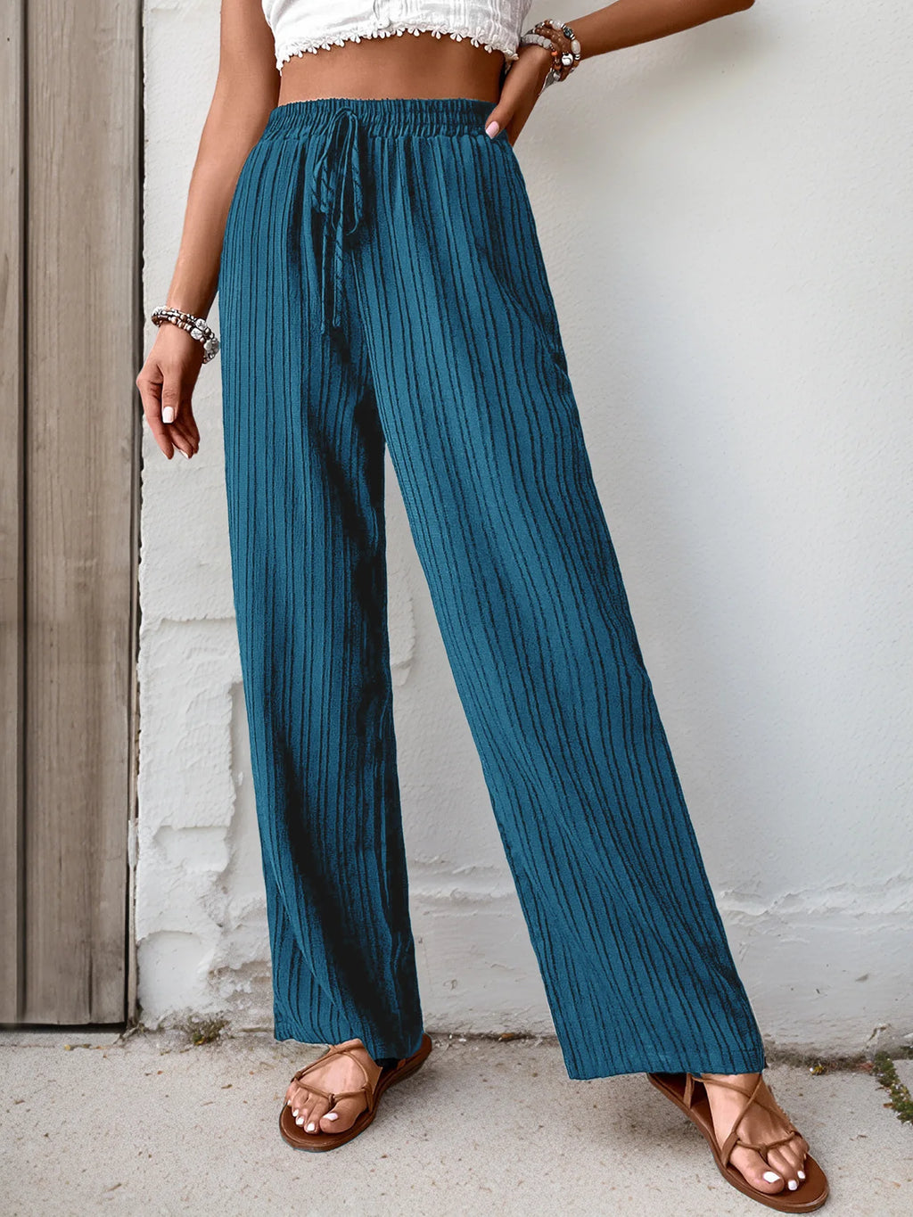 Womens High Waist Pleated Wide Leg Pants Simple Versatile Loose Casual Trousers