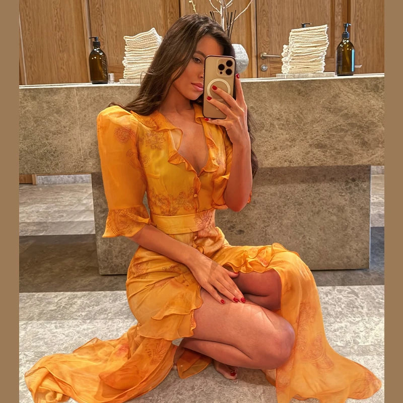Sexy Print Women Long Dress Urban V-neck Single Breasted Ruffles Half Sleeve Female Dresses 2026 Spring Autumn Lady Robe