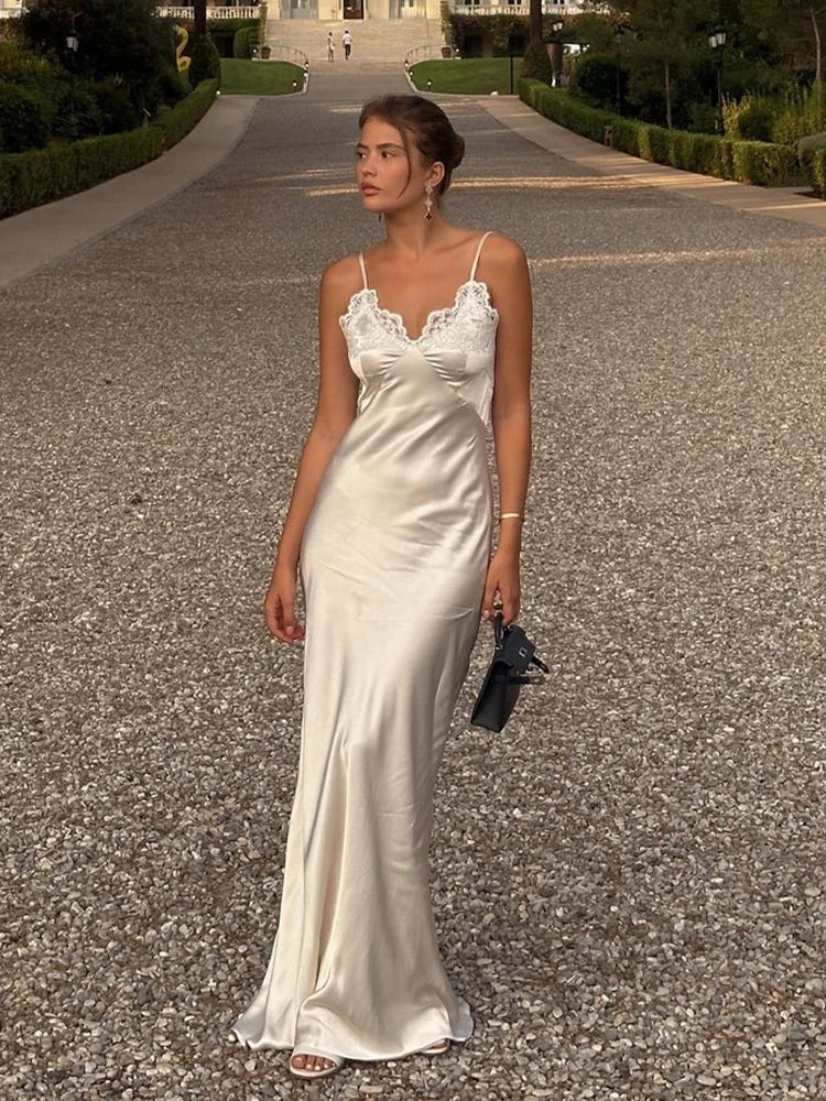 Women Elegant Satin Lace Trim Midi Dress Solid Lace Patchwork Short Sleeve V-neck Summer Dresses 2026 Summer New Holiday Robes