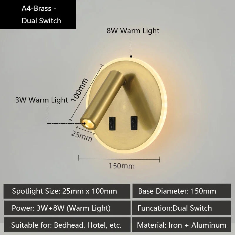 Modern Versatile LED Wall Sconce Lamp with Dual USB Ports Adjustable Side Reading Lights Modern Bedrooms Bedside Lamp