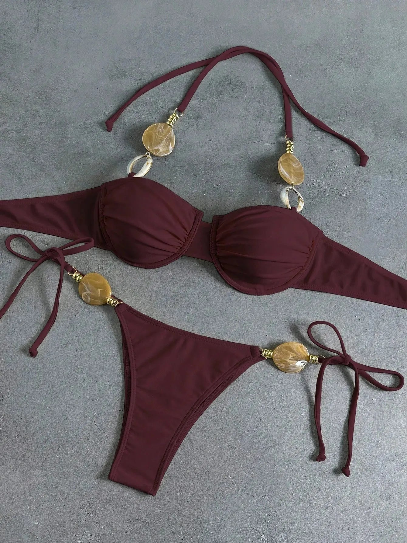 New Women's Sexy Halter Neck Backless Bikini Set Two-Piece Swimwear Solid Color Euro American Style Summer Beach Fashion