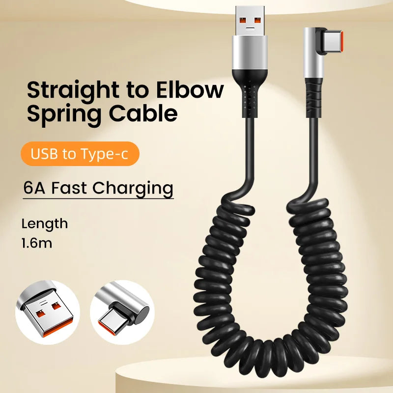90 Degree Elbow Spring Cable USB Type C 6A Fast Charging 0.35-1.6M Retractable Data USB C To Type C Cable For iphone 15 Android