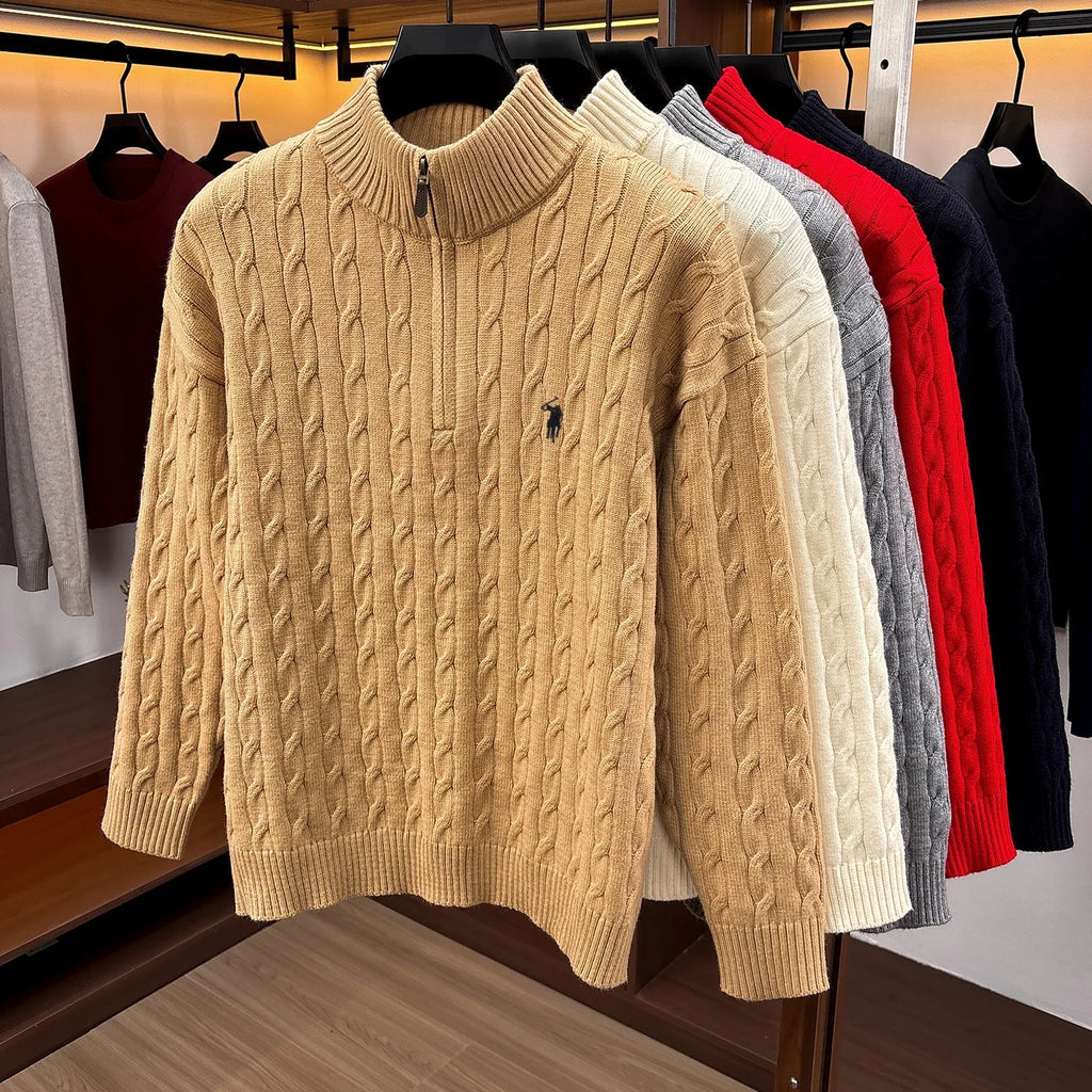 Fashion Half Zipper Sweater Men's Winter Warmth New exquisite jacquard design luxury brand golf pony embroidery knitted pullover