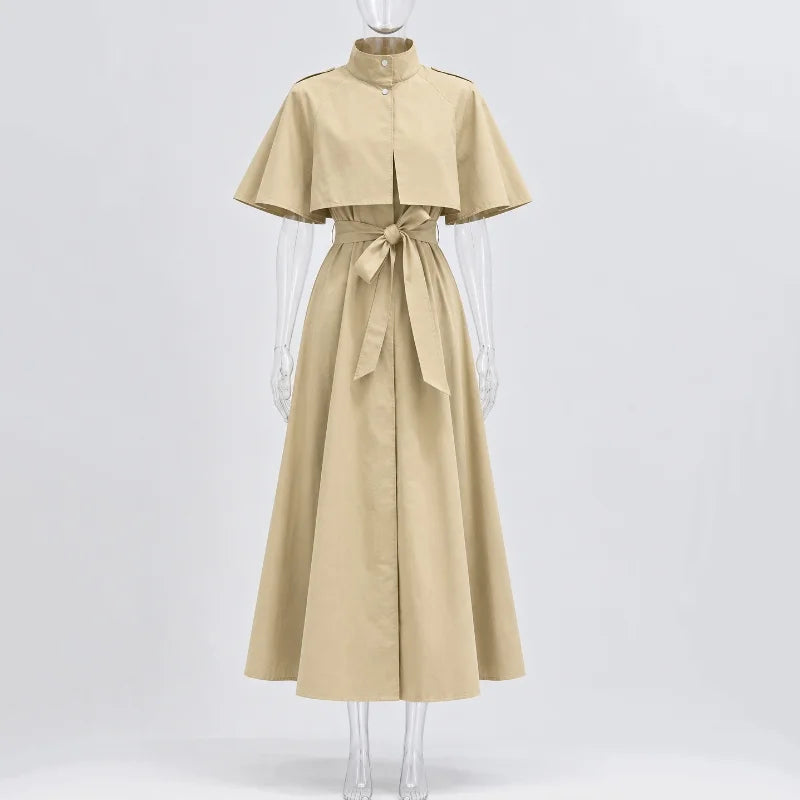 Women's Trench Style Midi Dress Stand Collar Cape Overlay Short Sleeve Belted Waist A‑Line Dresses Autumn Elegant Office Outfits