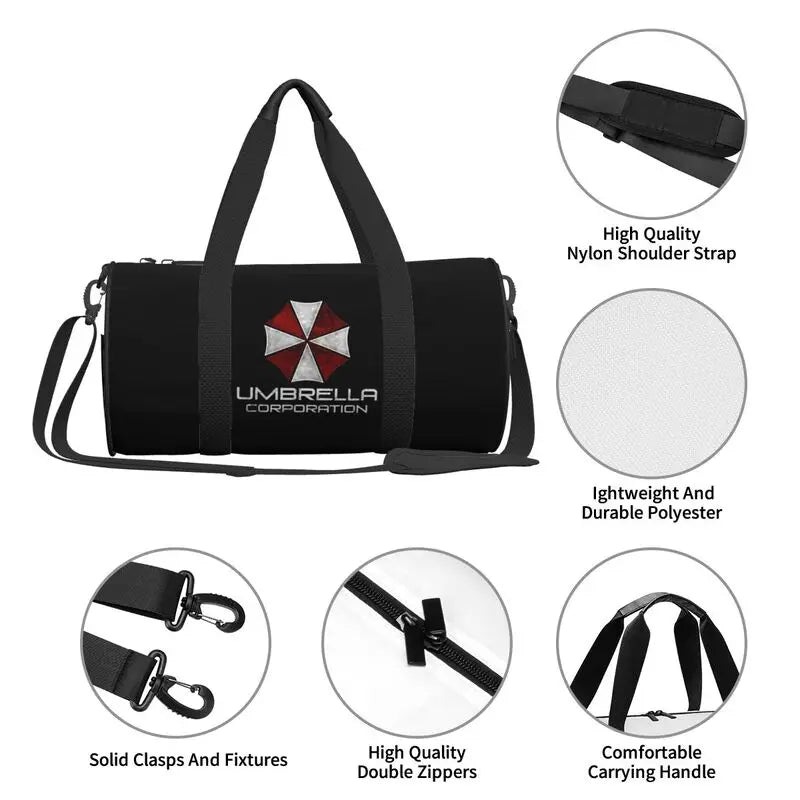Umbrella Corporation Print Round Travel Duffel Bag Waterproof Durable Sports Gym Fitness Bag with Shoe Compartment Wet Pocket
